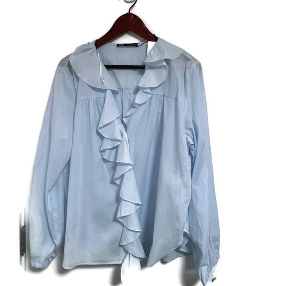 NWT Zara Blue Ruffled blouse, size Large